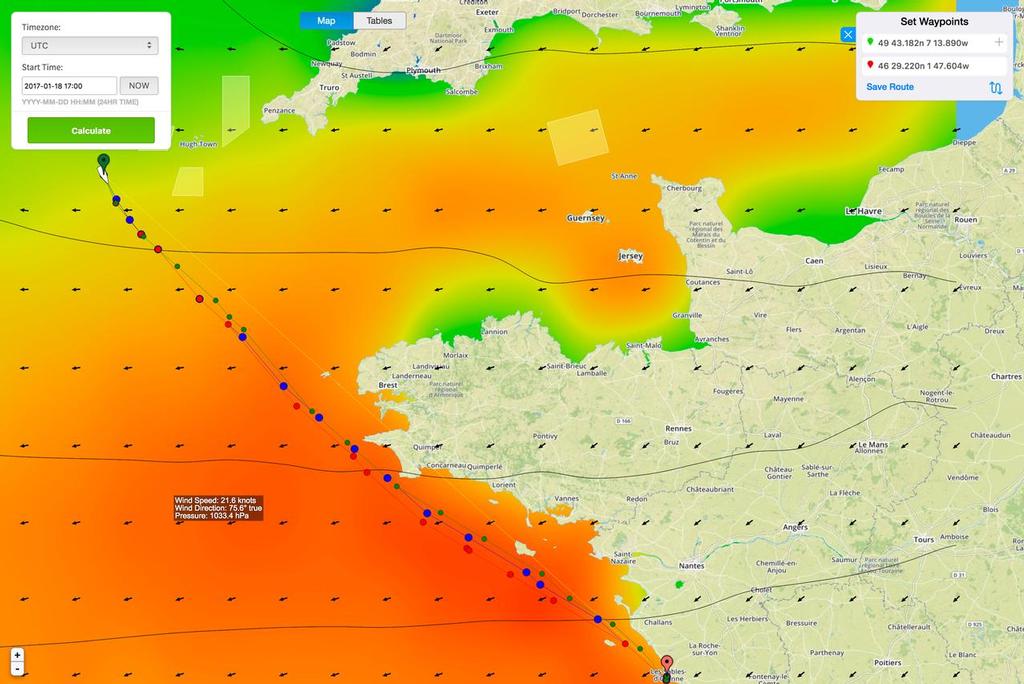 Banque Populaire III appears to have overlaid the NW tip of France, but should have a fast one tack line to the finish at Les Sables  © PredictWind http://www.predictwind.com
